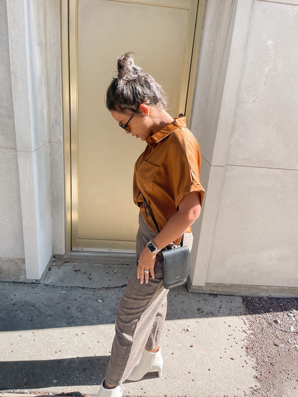 Brown Plaid Cropped Pants
