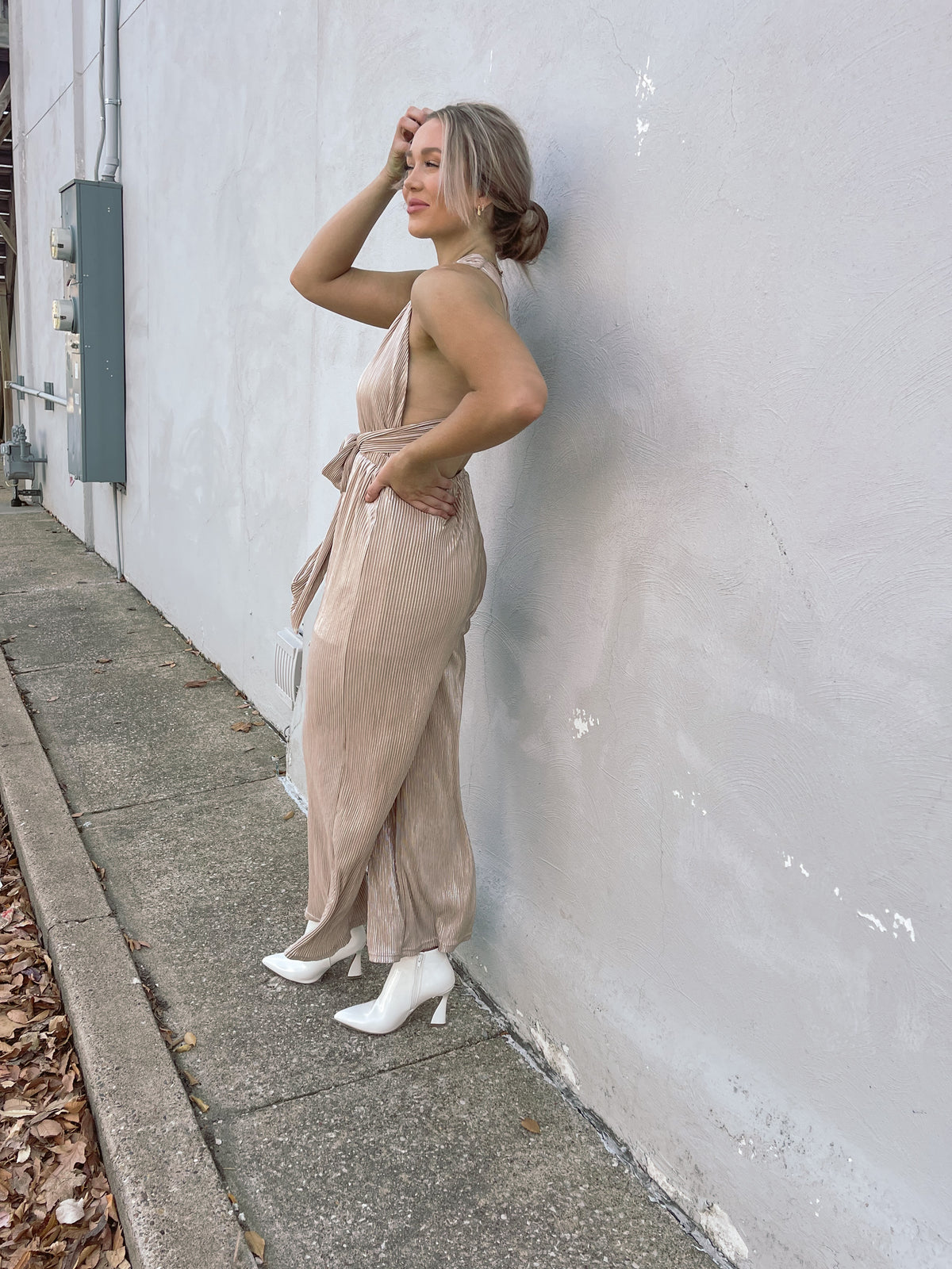 Wide Leg Foil Pleated Jumpsuit