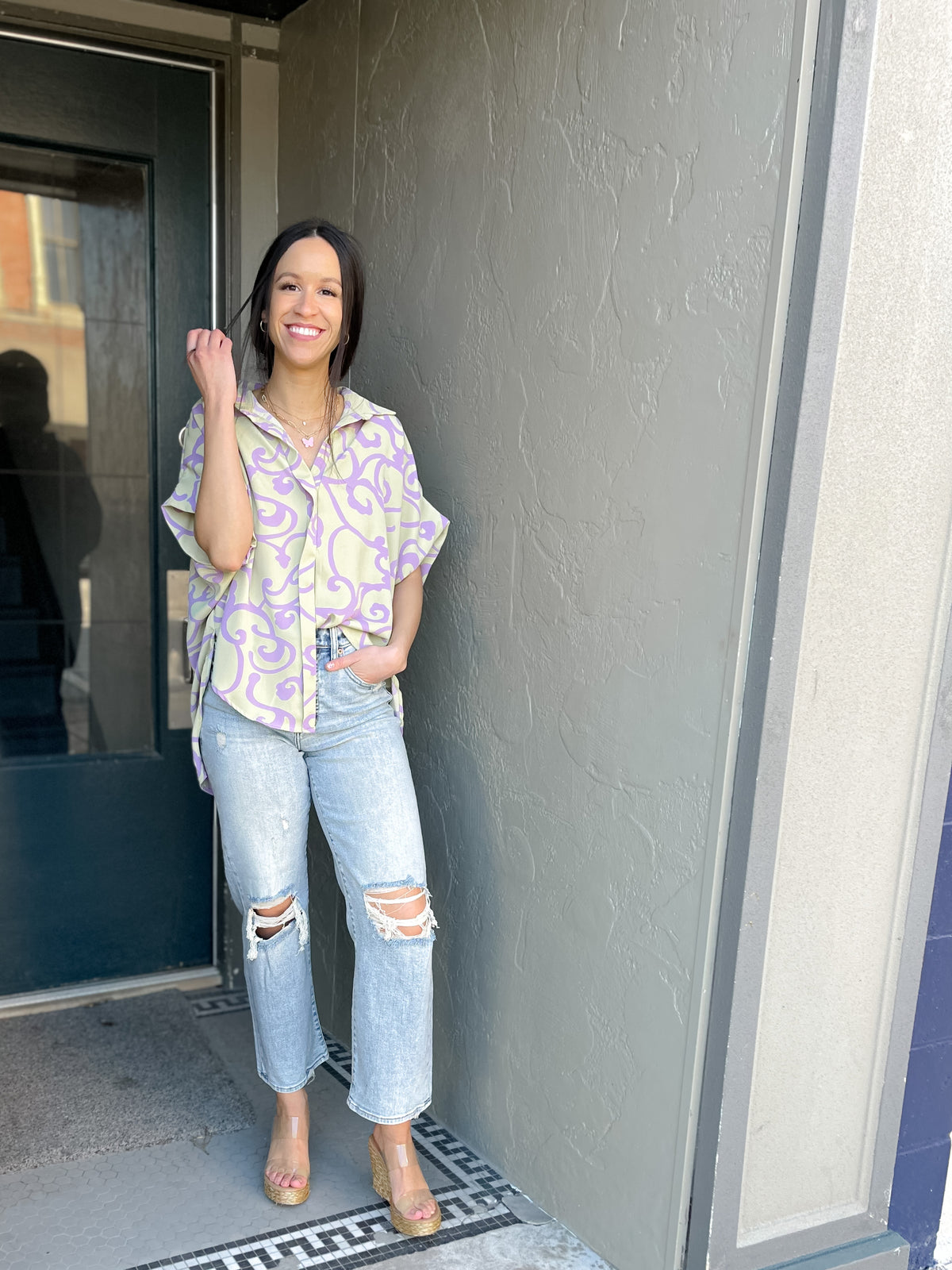 Dolman Short Sleeve Abstract Print Blouse