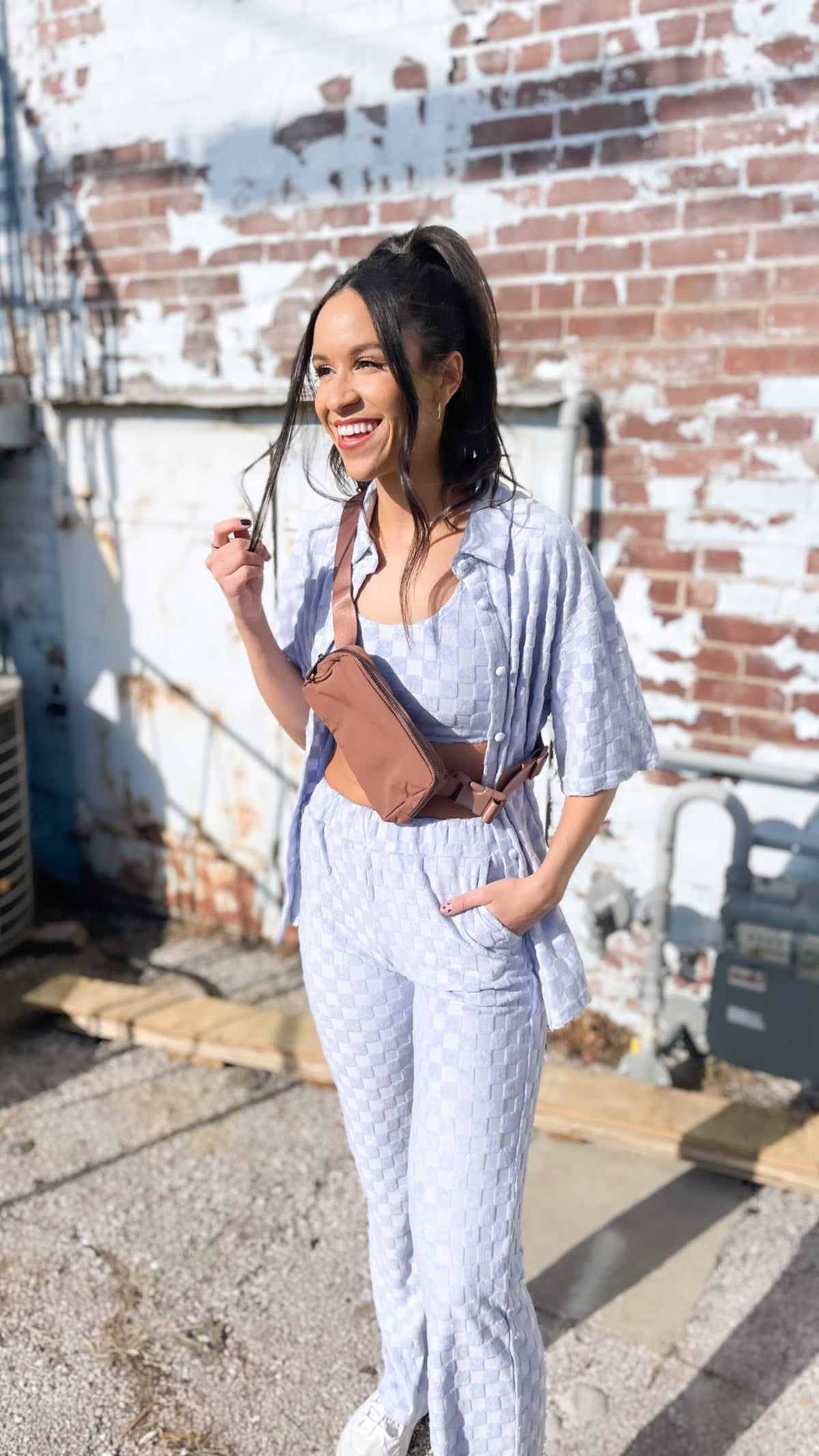 Baby Blue Textured Checked Pants
