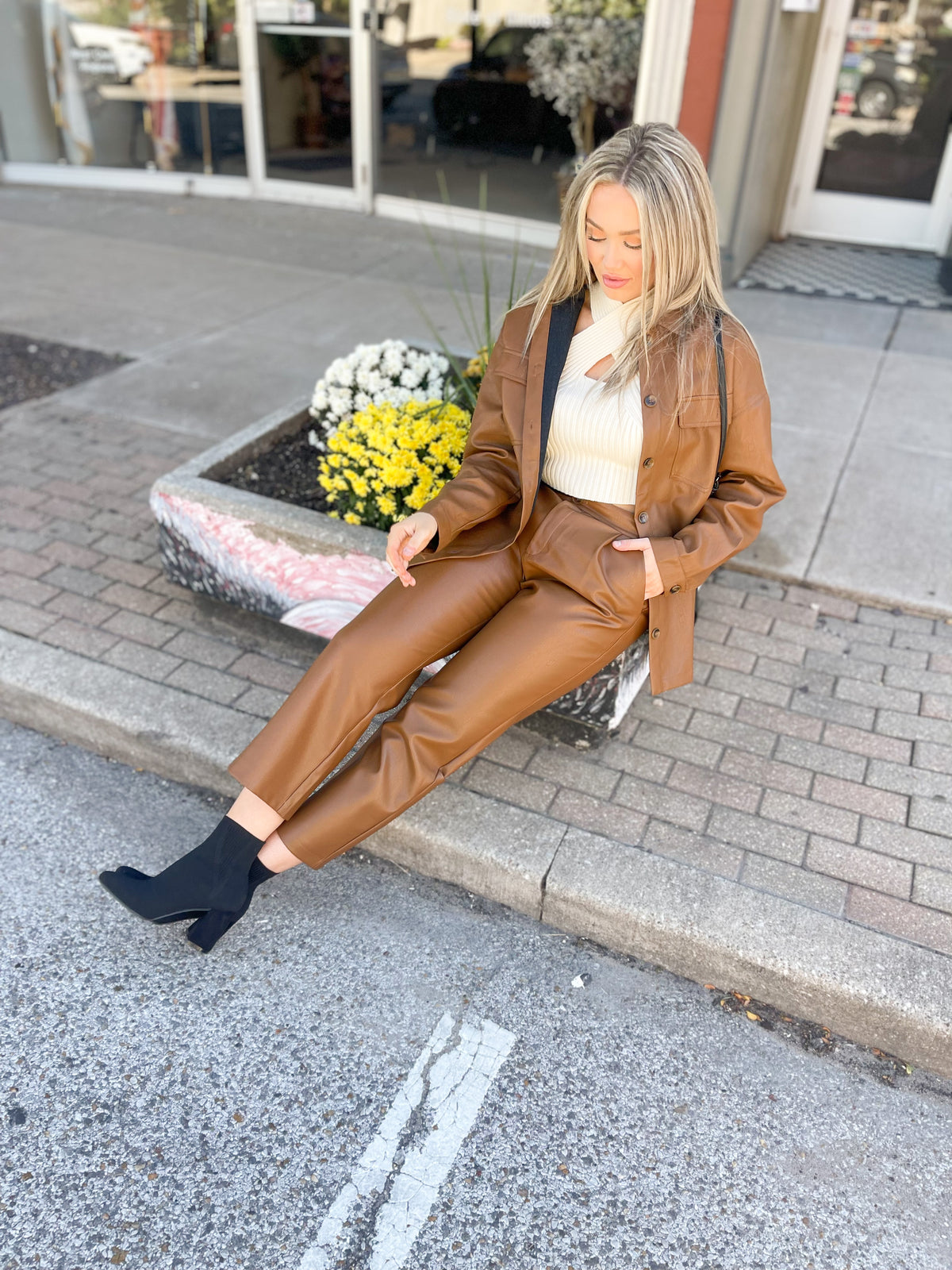 Camel Vegan Leather Cropped Pants