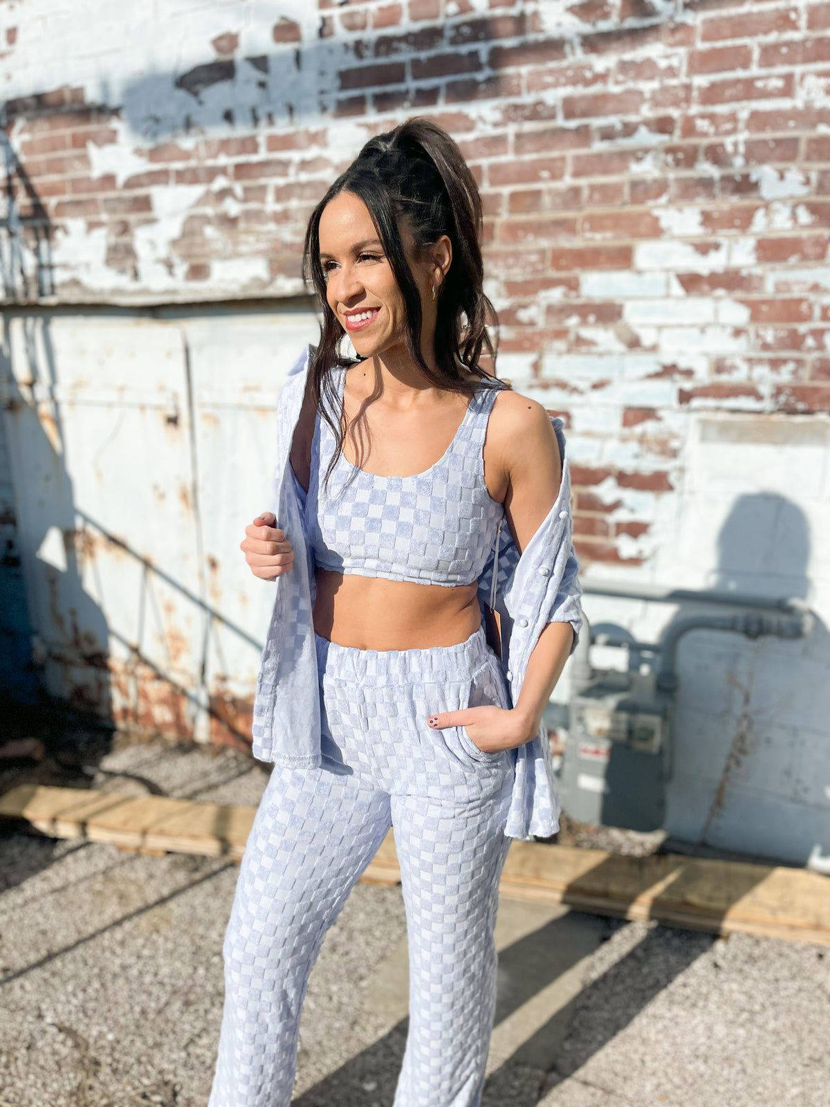 Baby Blue Textured Checked Pants