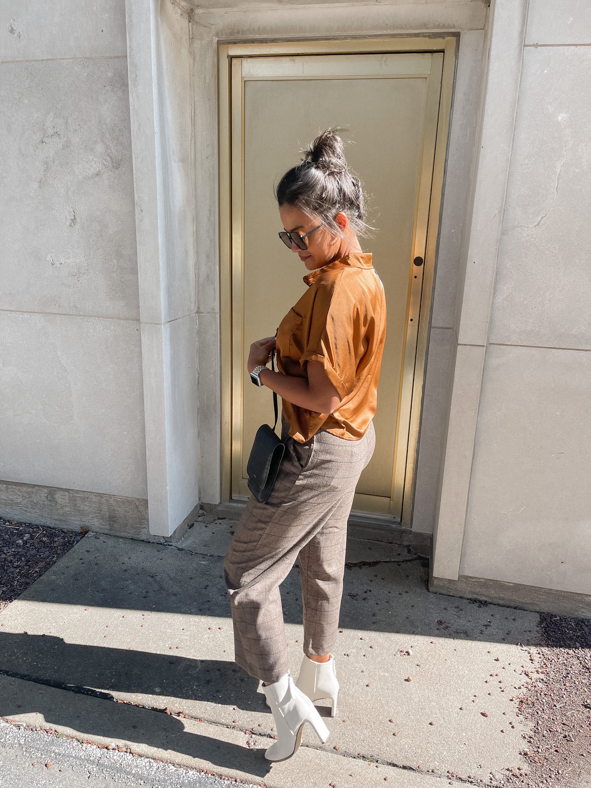 Brown Plaid Cropped Pants