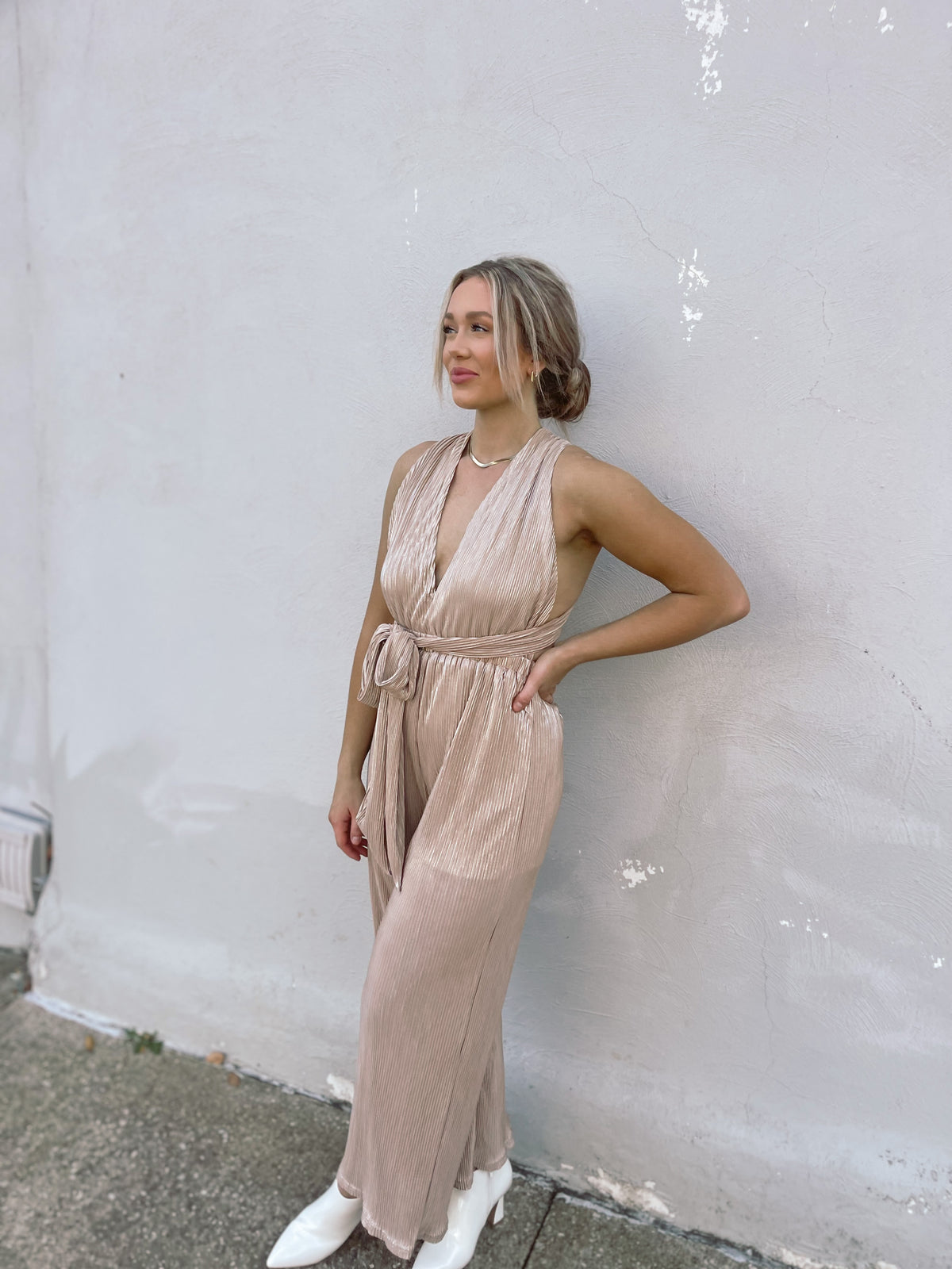 Wide Leg Foil Pleated Jumpsuit