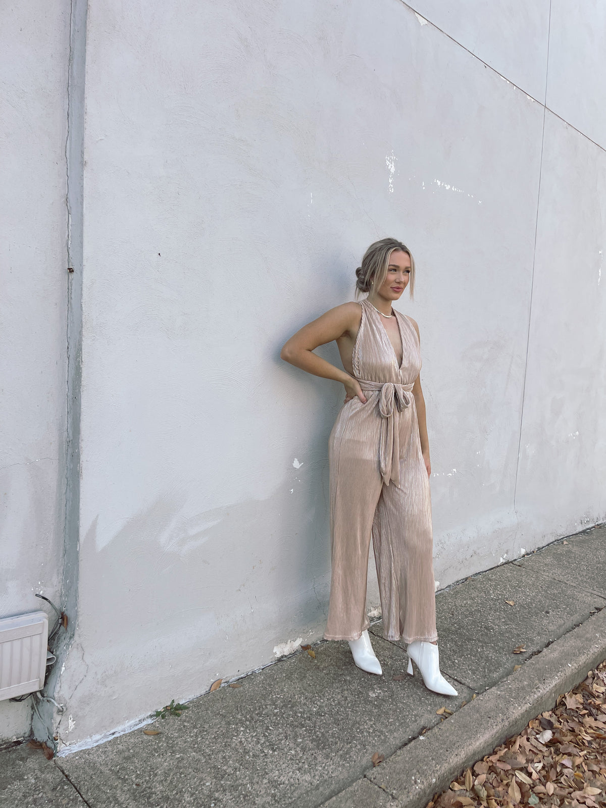 Wide Leg Foil Pleated Jumpsuit
