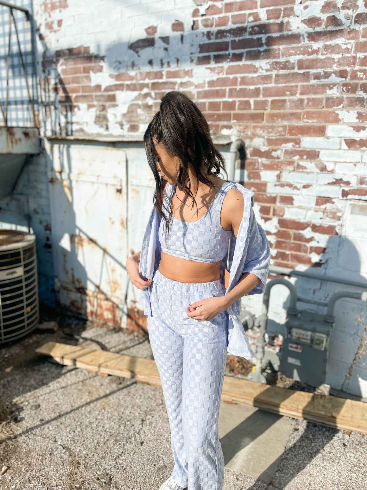 Baby Blue Textured Checked Pants