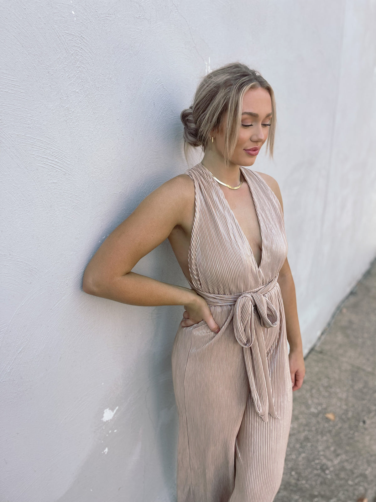 Wide Leg Foil Pleated Jumpsuit