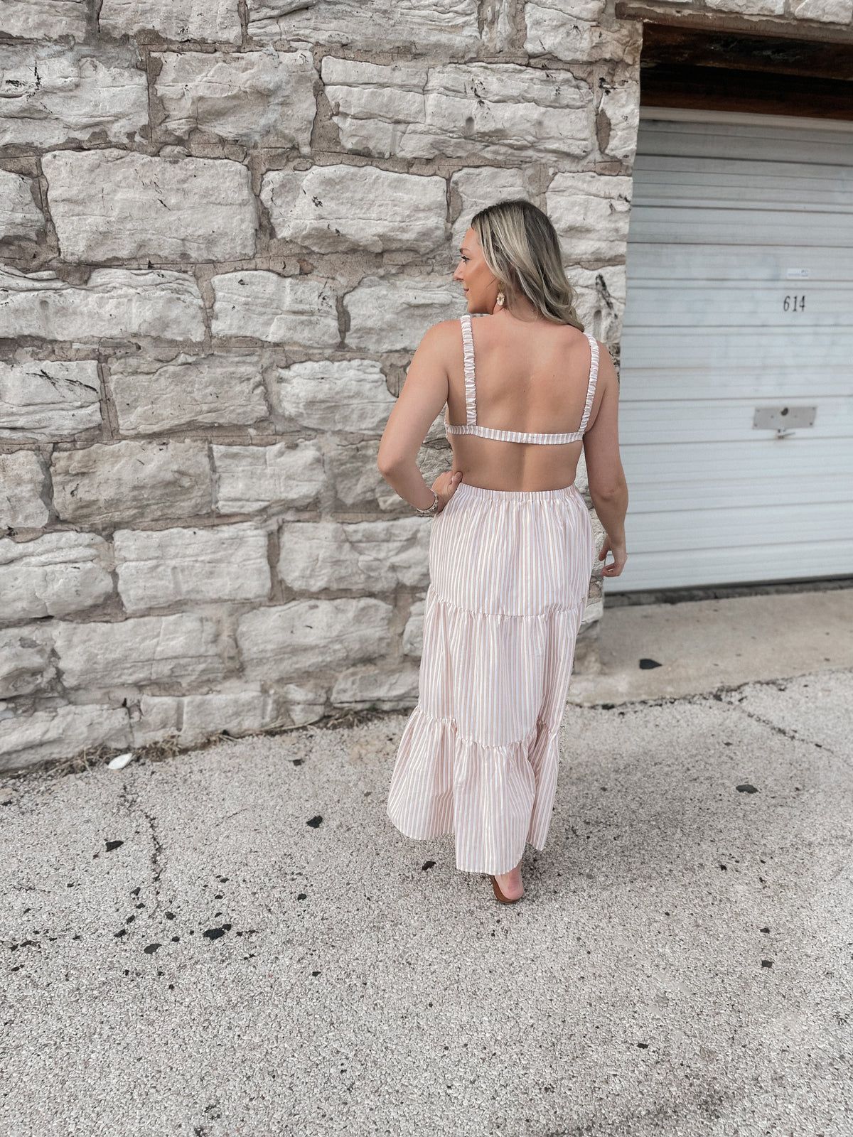 Tan Striped Open Back Maxi Dress