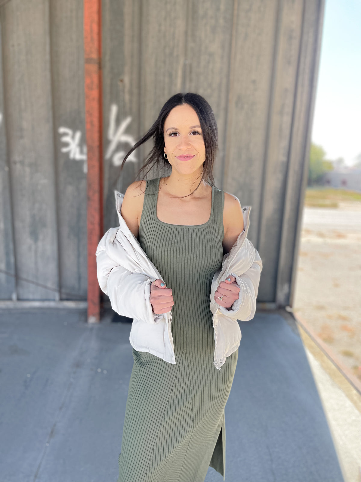 Melia Olive Ribbed Knit Dress