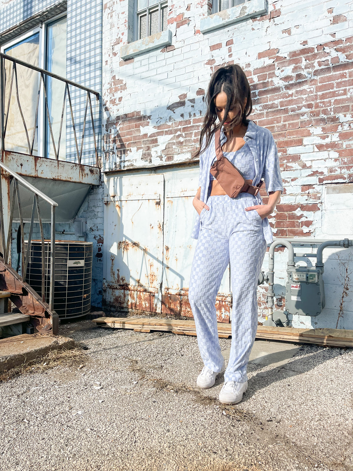 Baby Blue Textured Checked Pants
