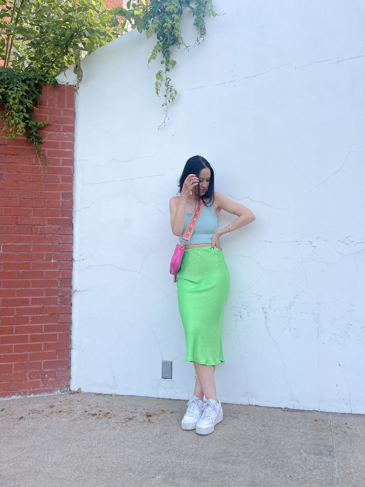 Neon Green Satin Midi Skirt