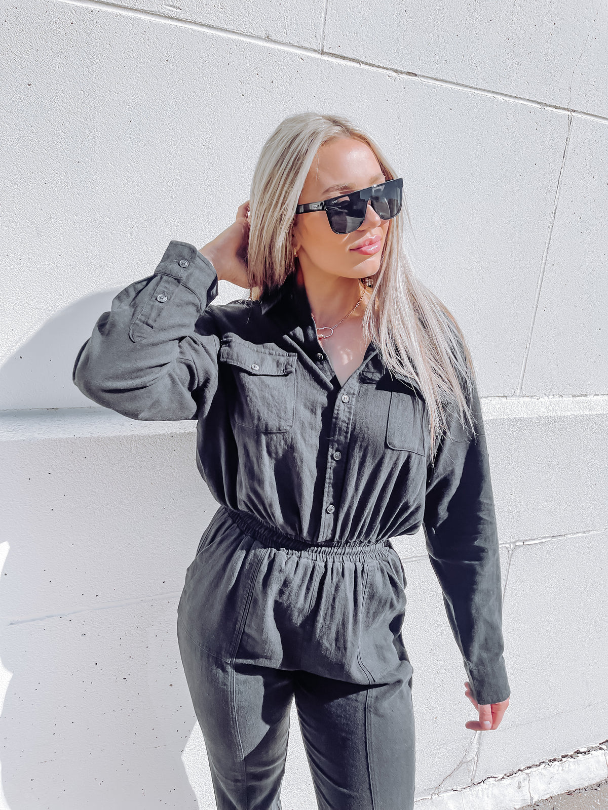Black Twill Gauze Washed Jumpsuit