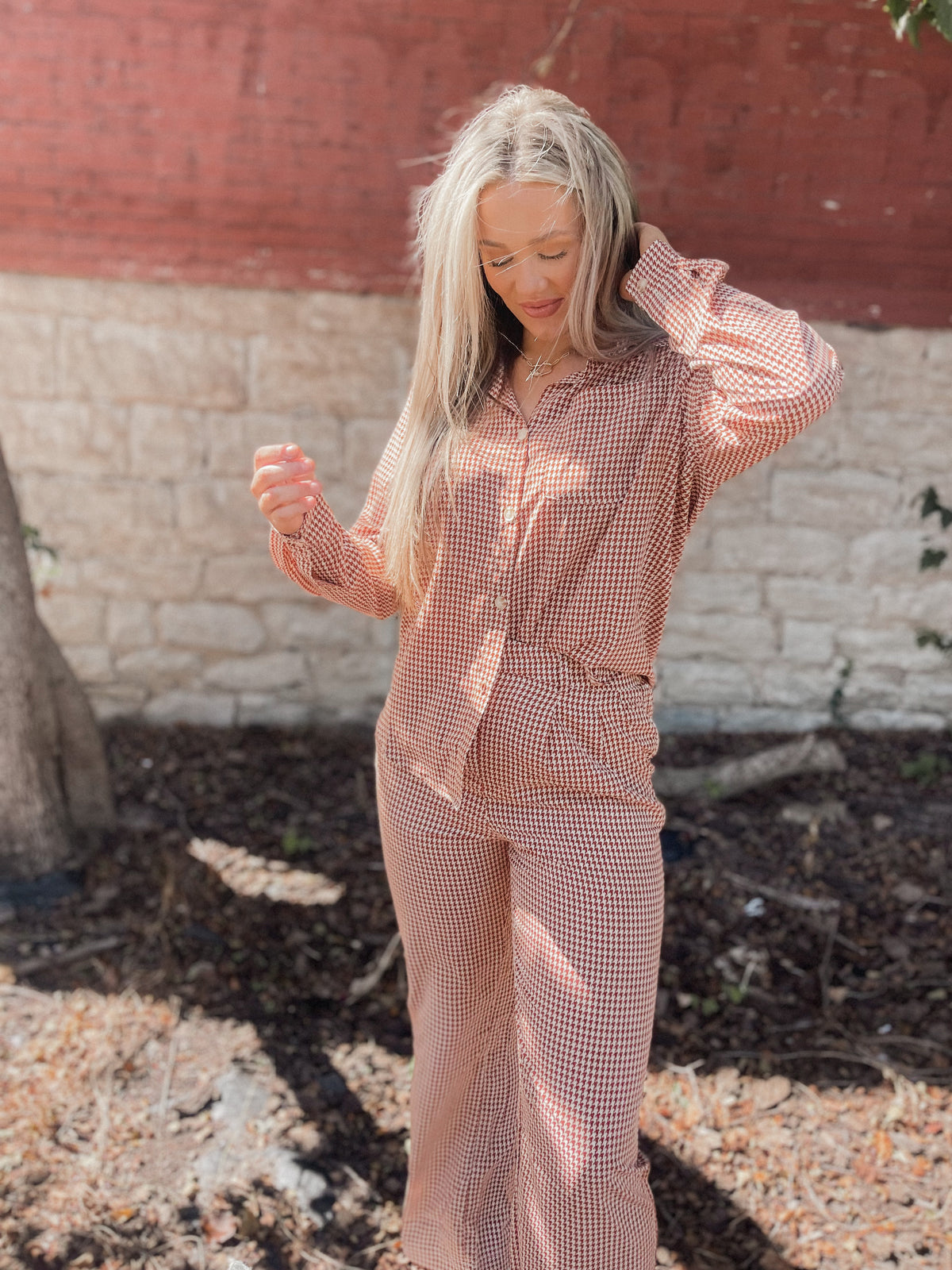 Rust Gingham Print Button Up Top