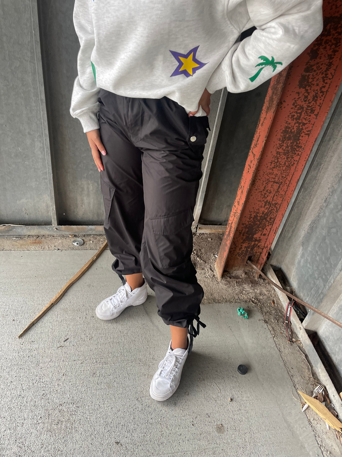 Black Cargo Style Wind Pants