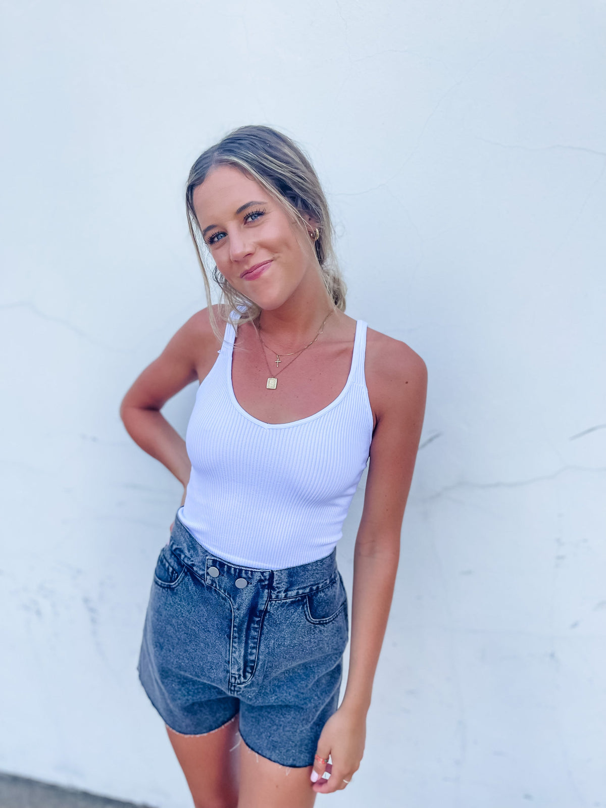 White V-Neck Ribbed Brami