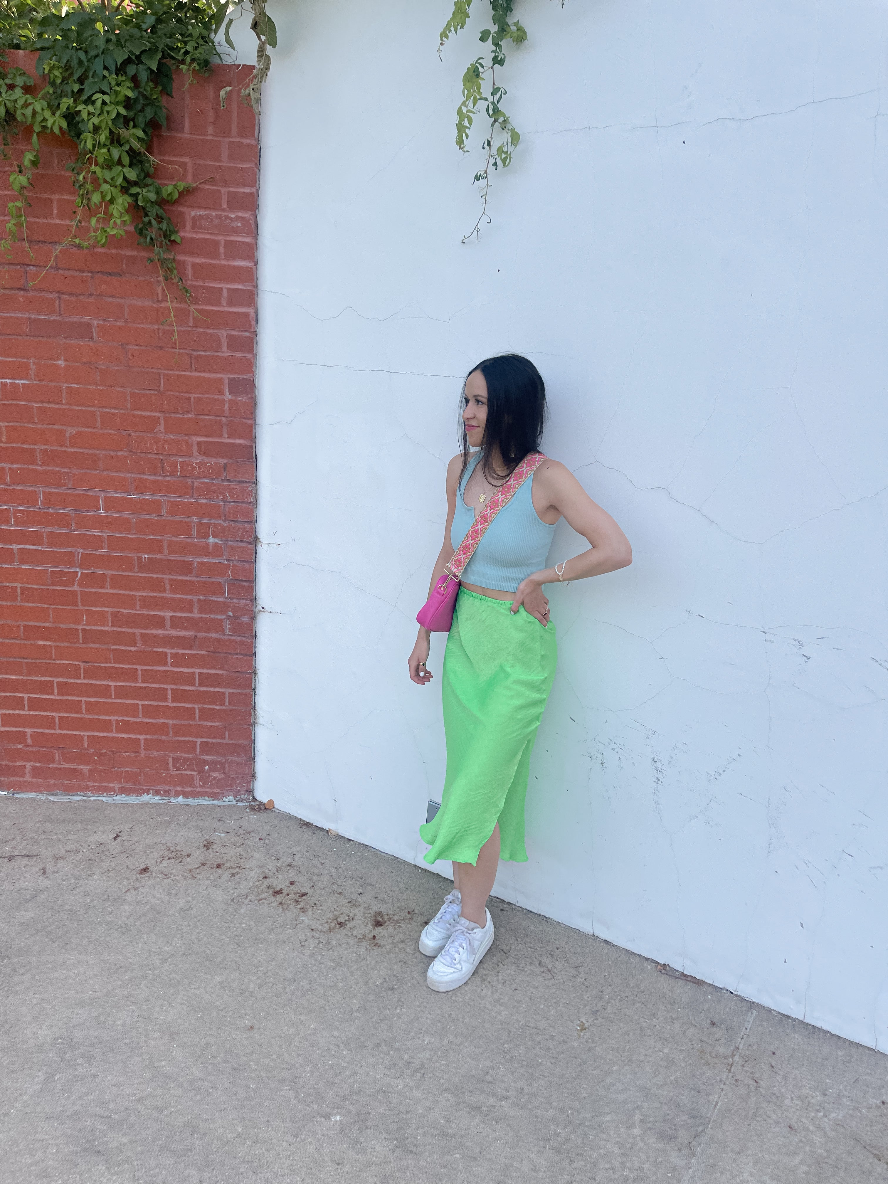 Neon green satin midi skirt online