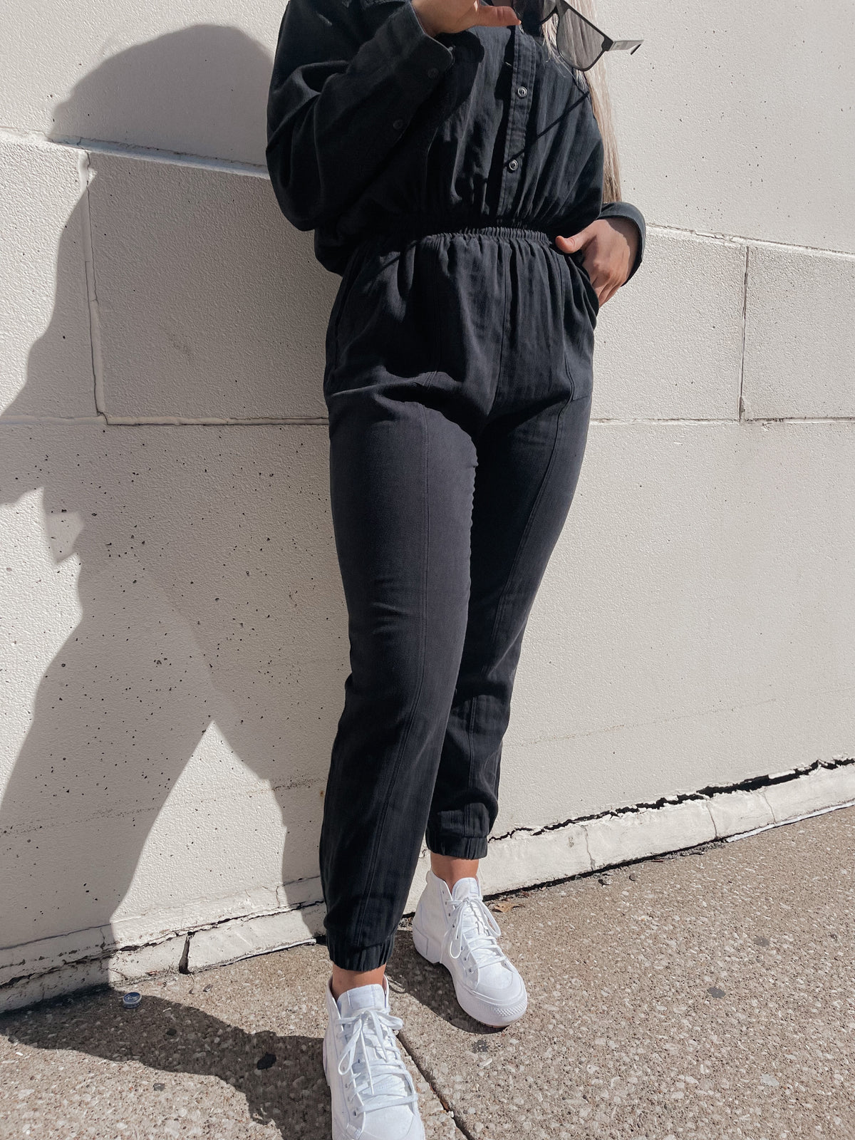 Black Twill Gauze Washed Jumpsuit