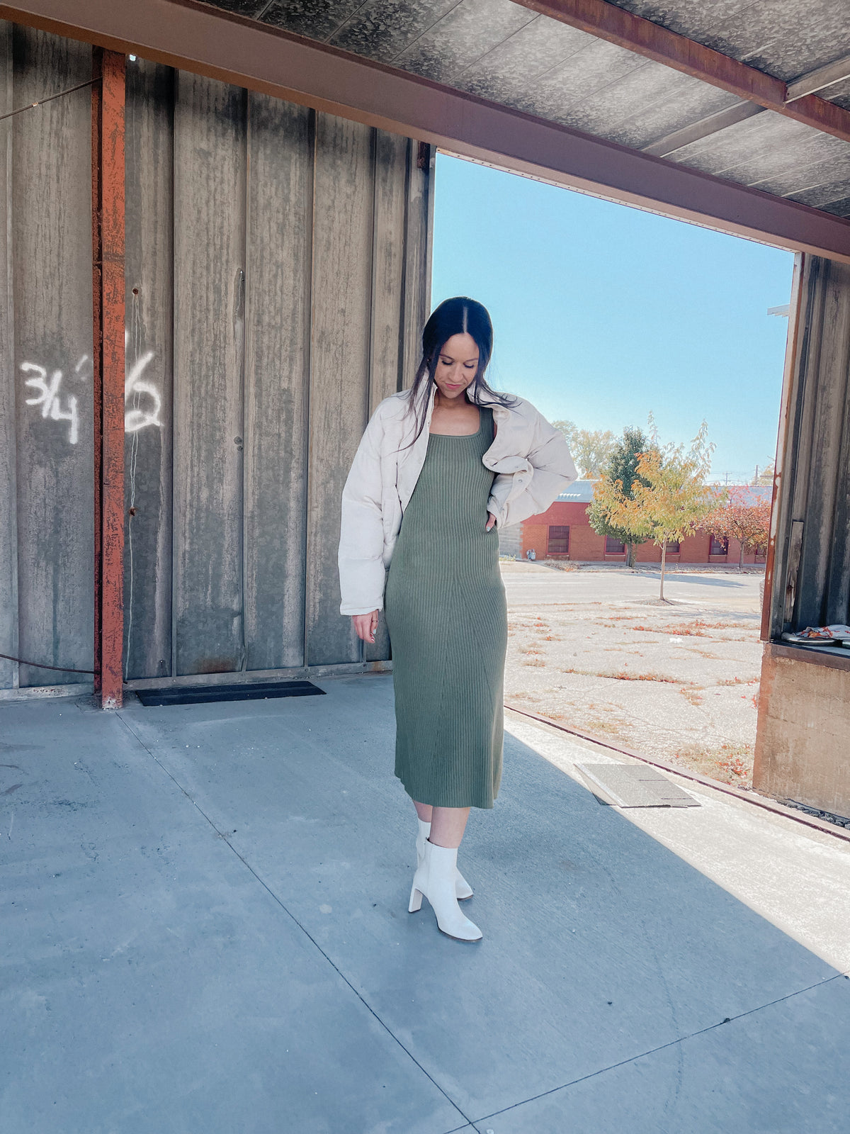 Melia Olive Ribbed Knit Dress