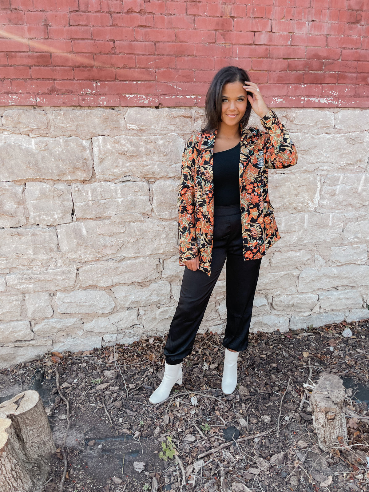 Floral Print Blazer with Waist Tie
