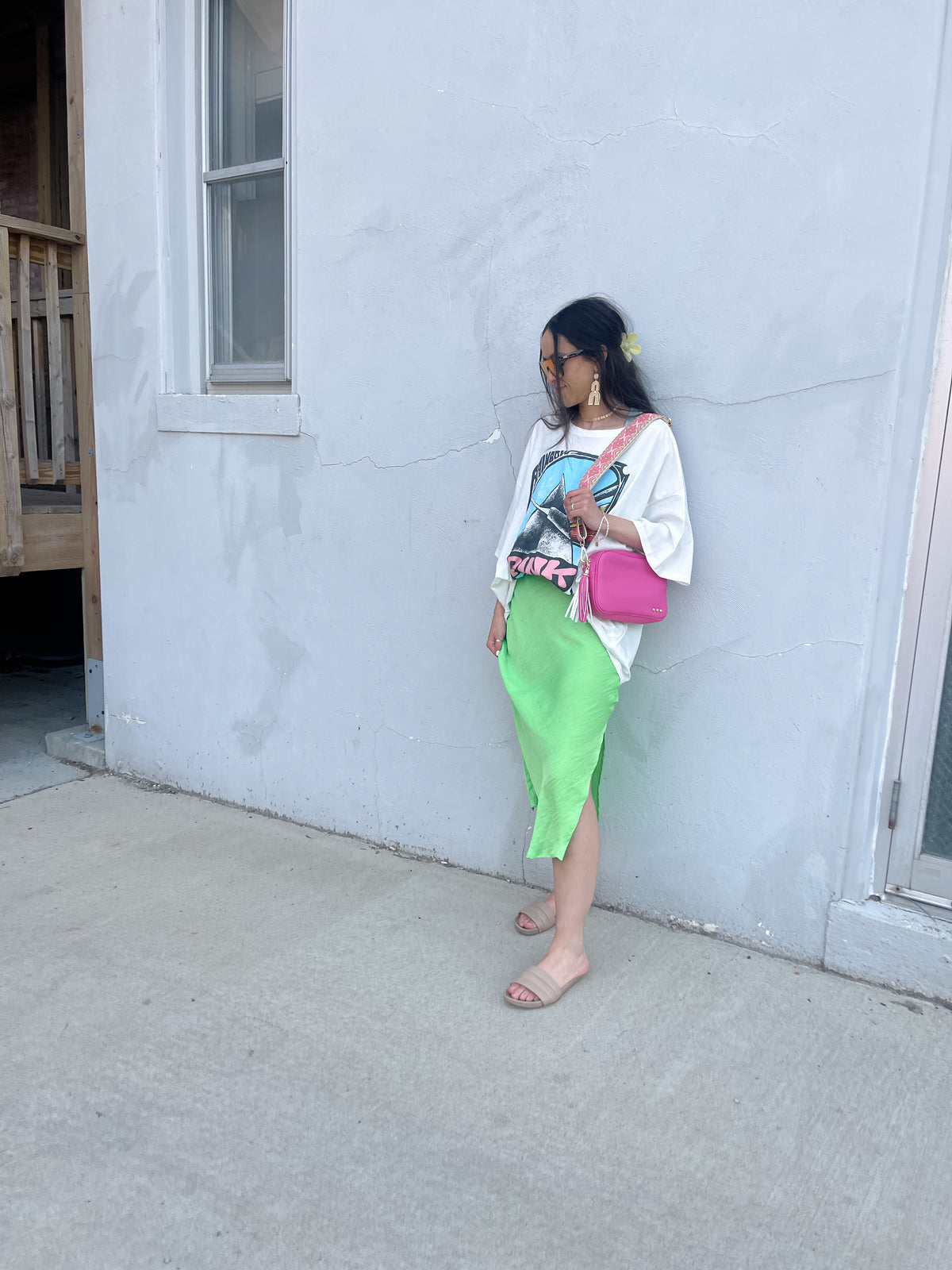 Neon Green Satin Midi Skirt