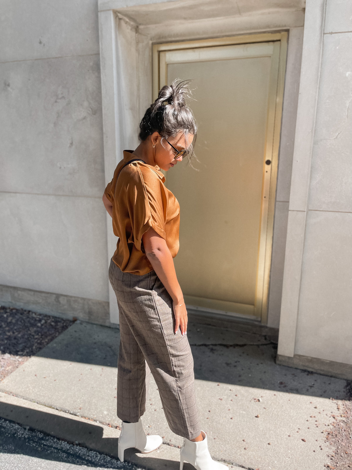 Brown Plaid Cropped Pants