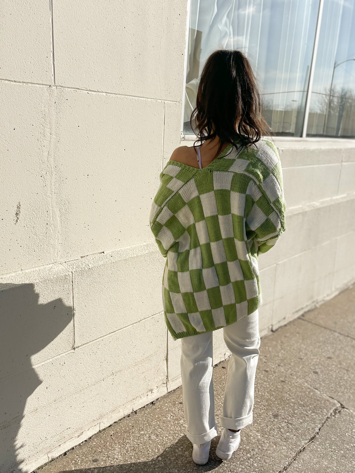 Green Checked Loose Fit Cardigan