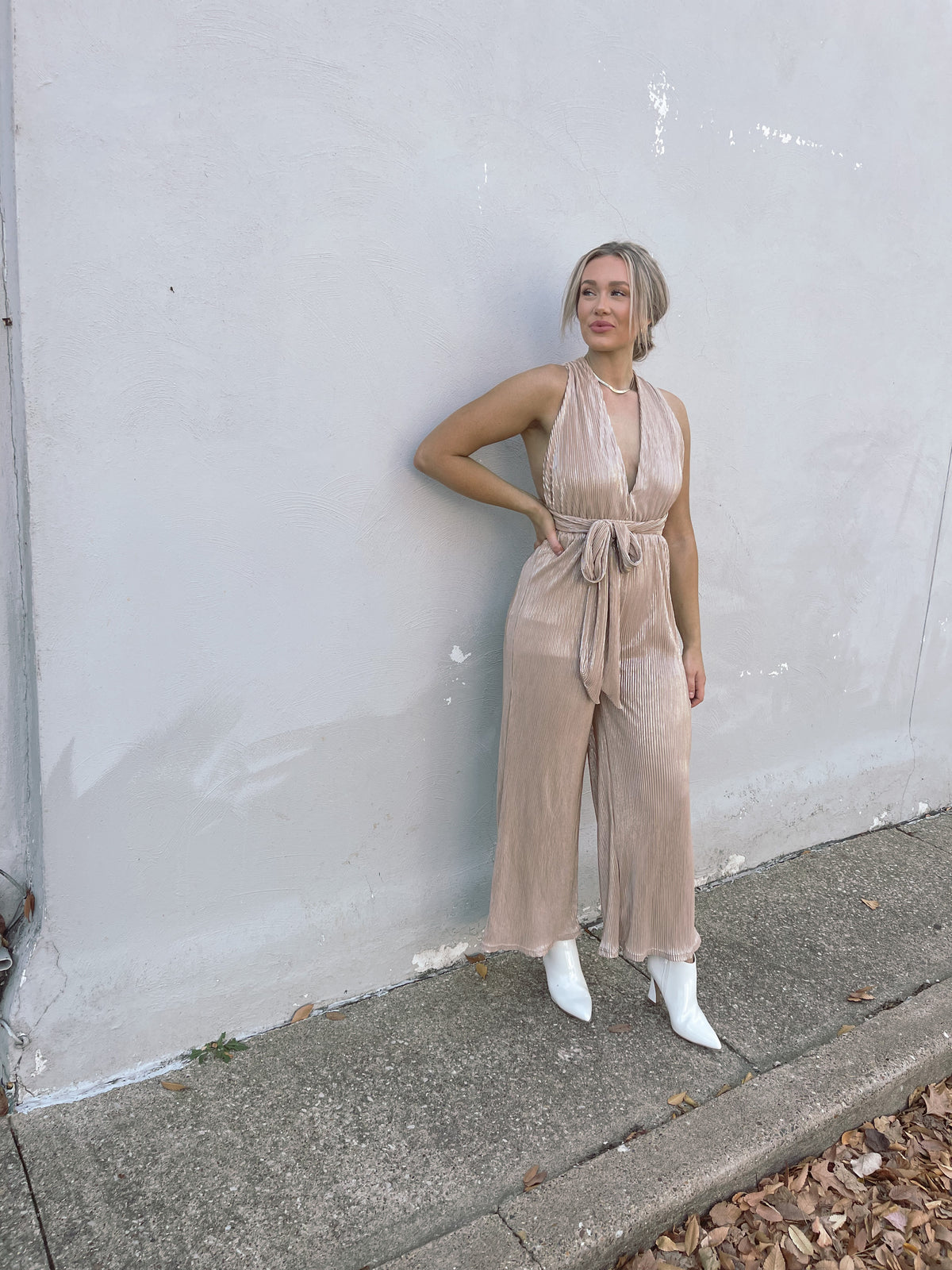 Wide Leg Foil Pleated Jumpsuit