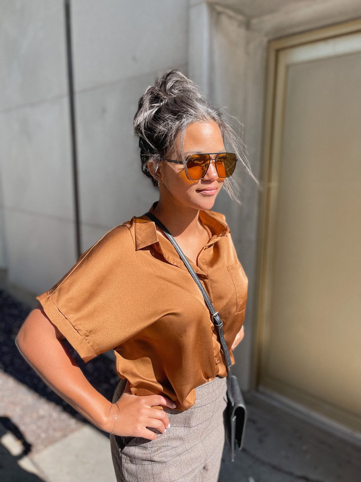 Satin Boxy Cut Short Sleeve Blouse