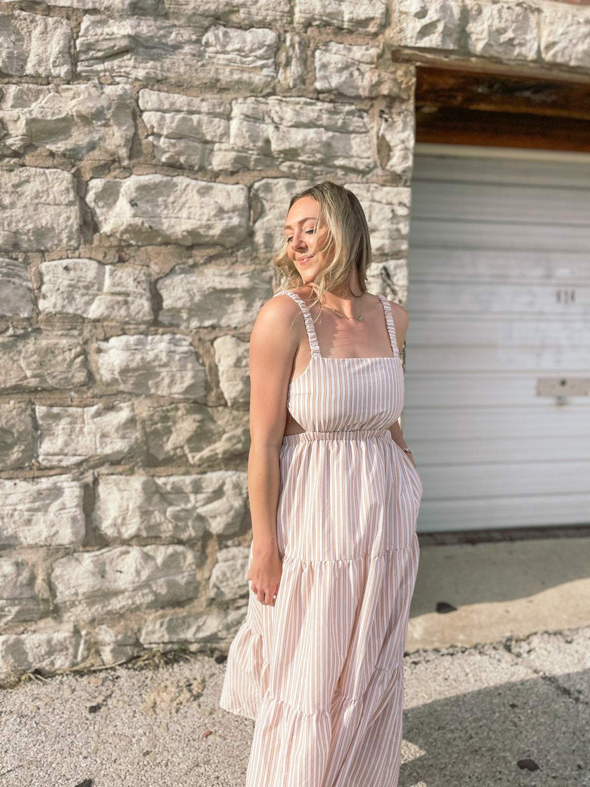 Tan Striped Open Back Maxi Dress