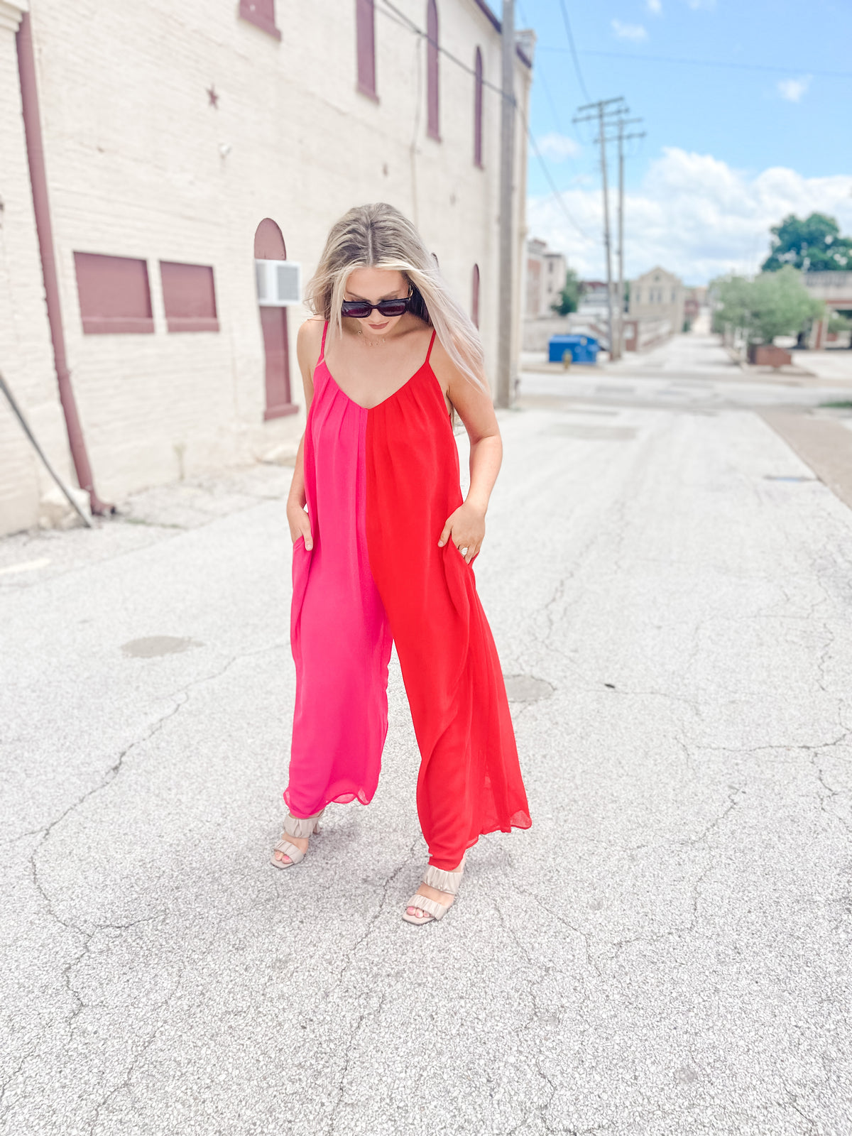 Red & Pink Chiffon Jumpsuit