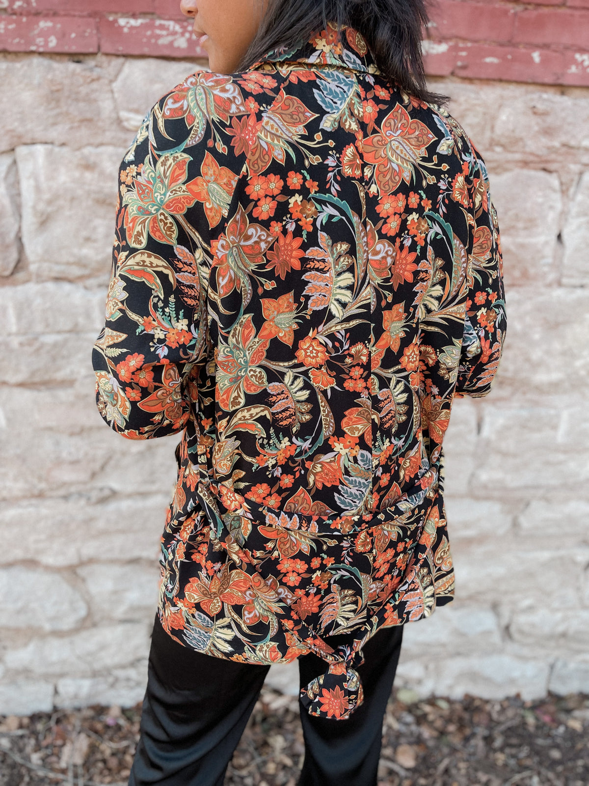 Floral Print Blazer with Waist Tie