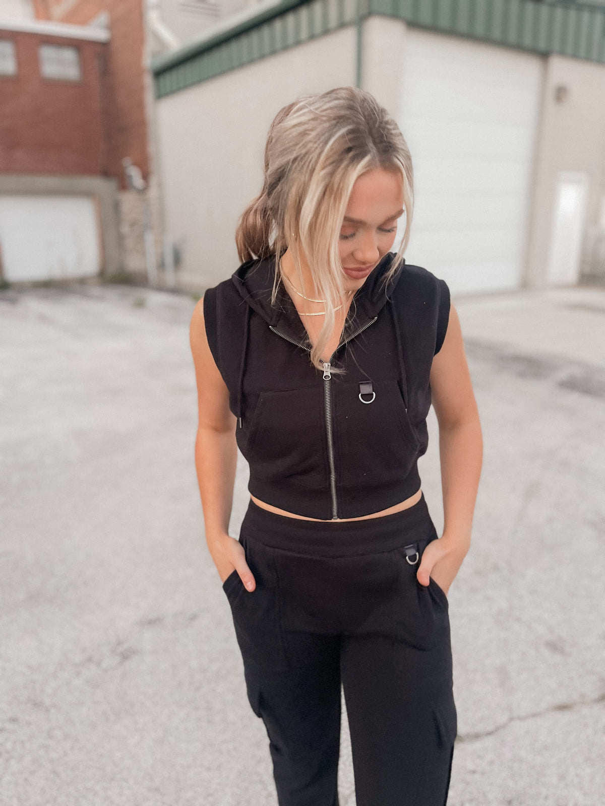 Black Hooded Vest Matching Set