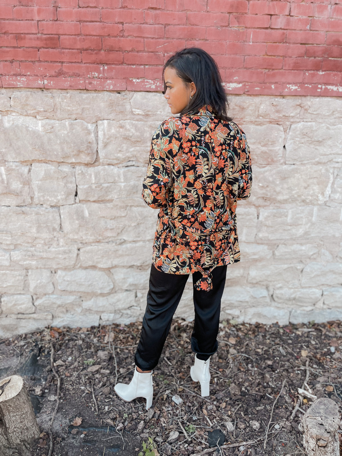 Floral Print Blazer with Waist Tie