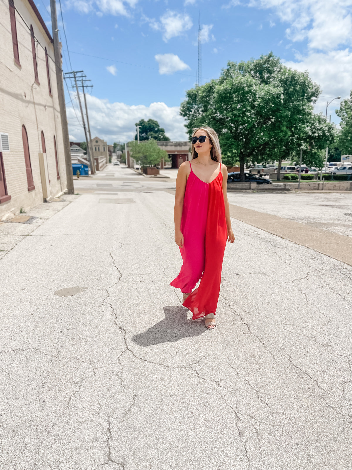 Red & Pink Chiffon Jumpsuit