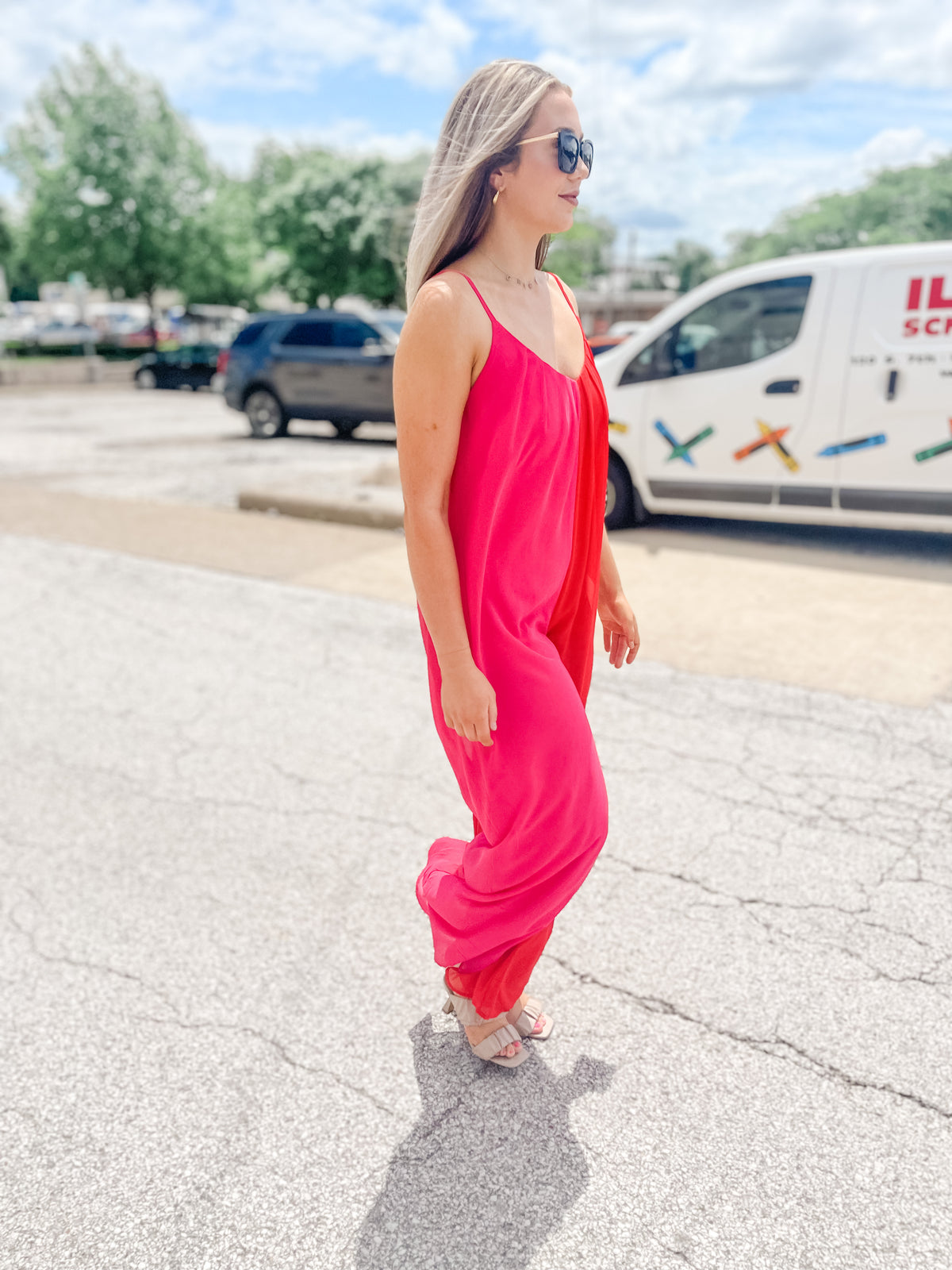 Red & Pink Chiffon Jumpsuit