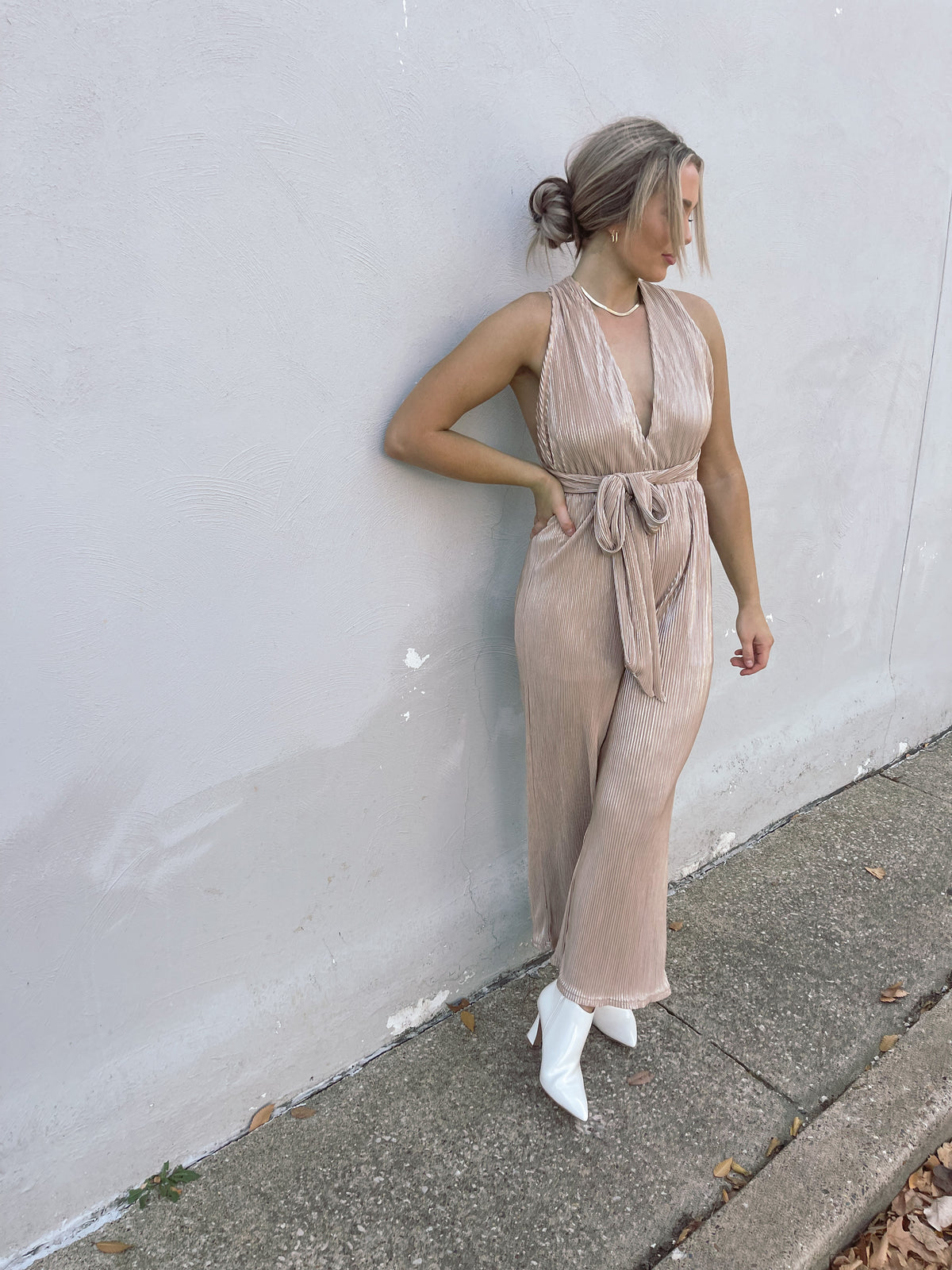 Wide Leg Foil Pleated Jumpsuit
