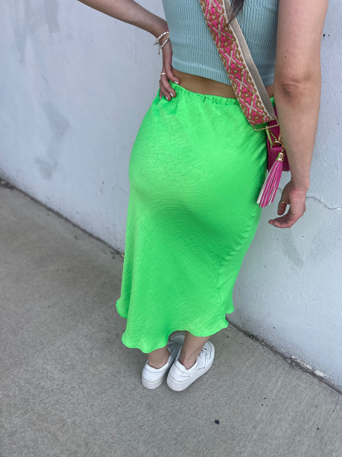 Neon Green Satin Midi Skirt