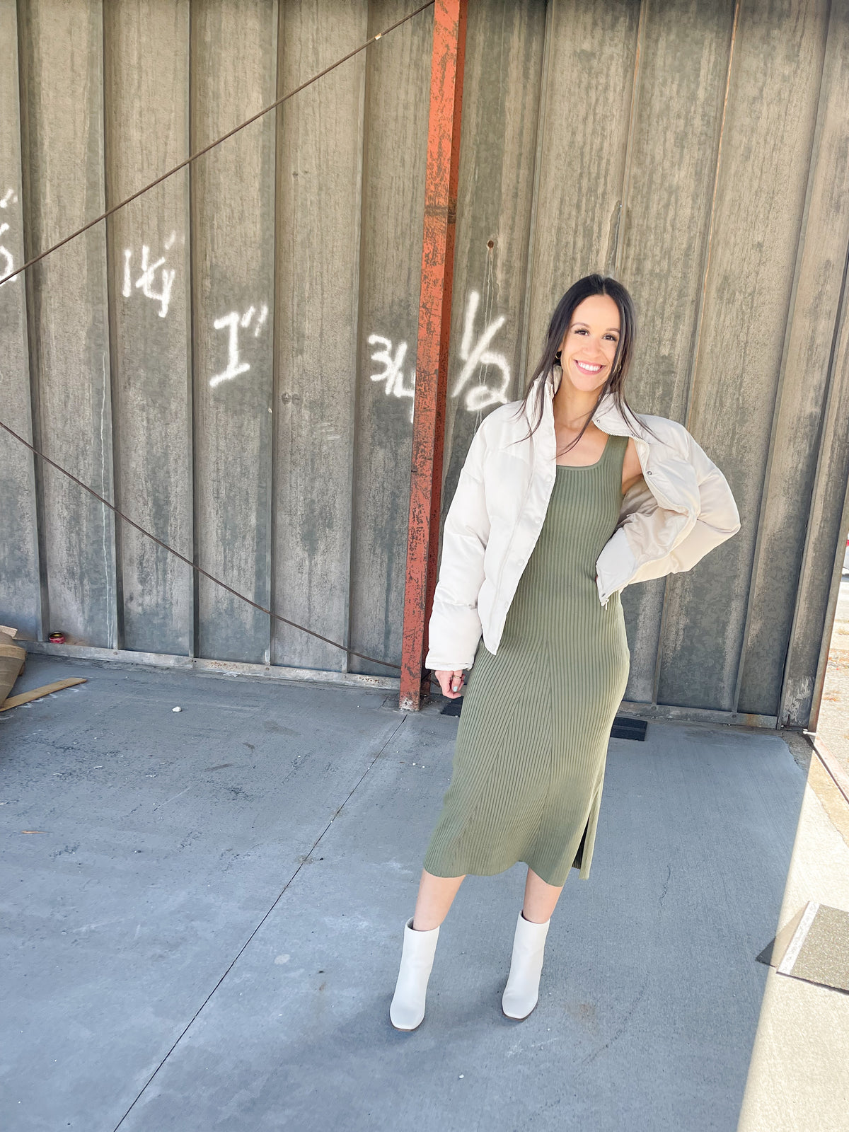 Melia Olive Ribbed Knit Dress