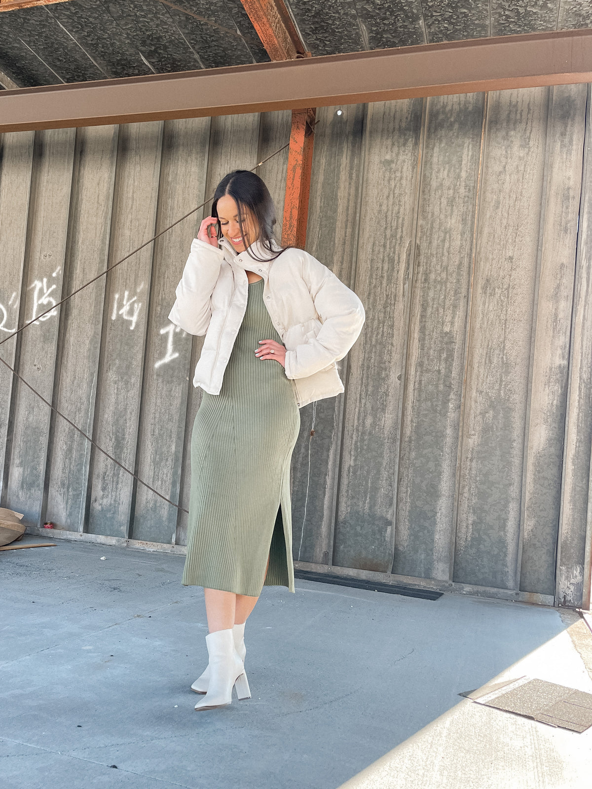 Melia Olive Ribbed Knit Dress