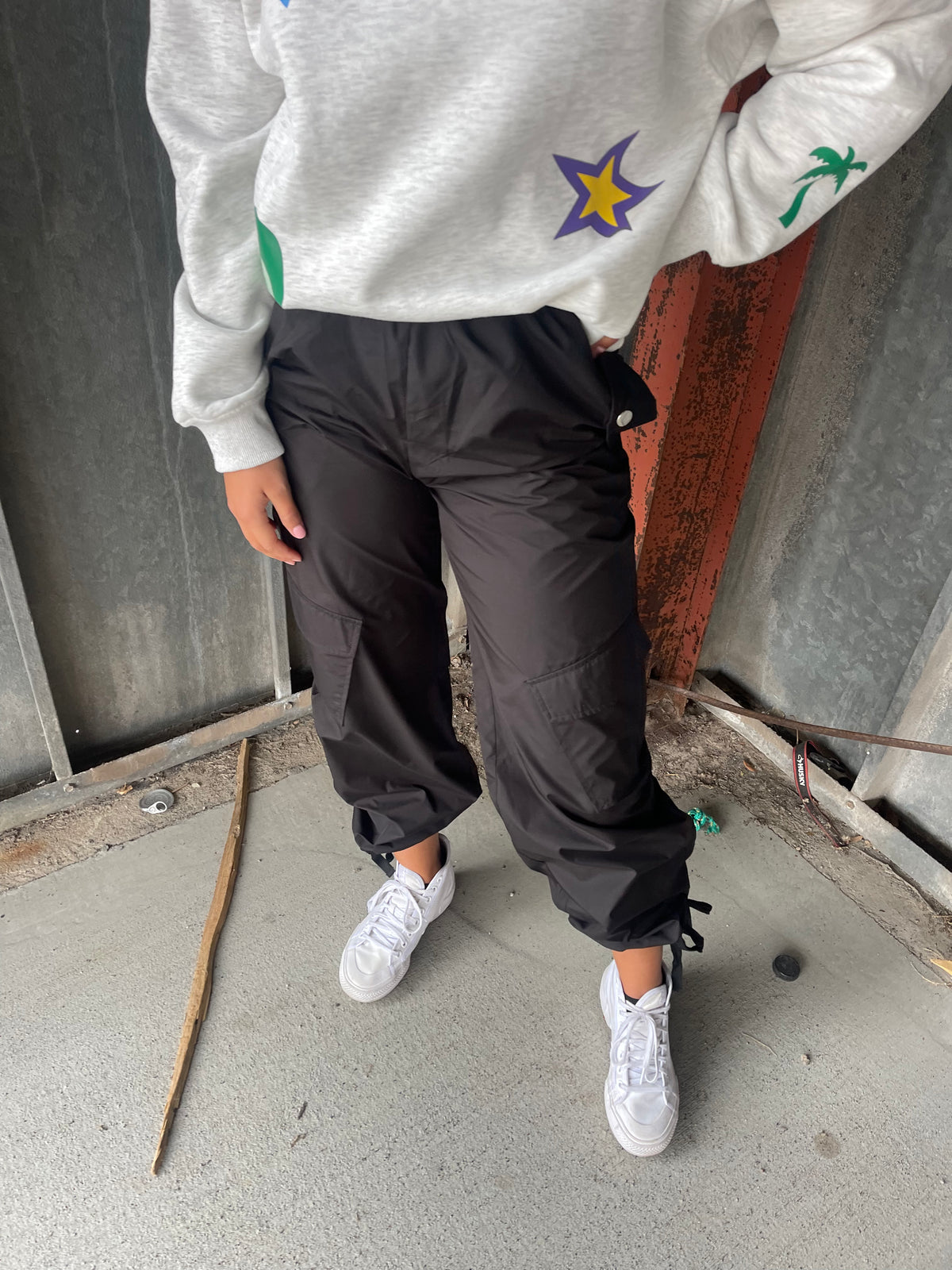 Black Cargo Style Wind Pants