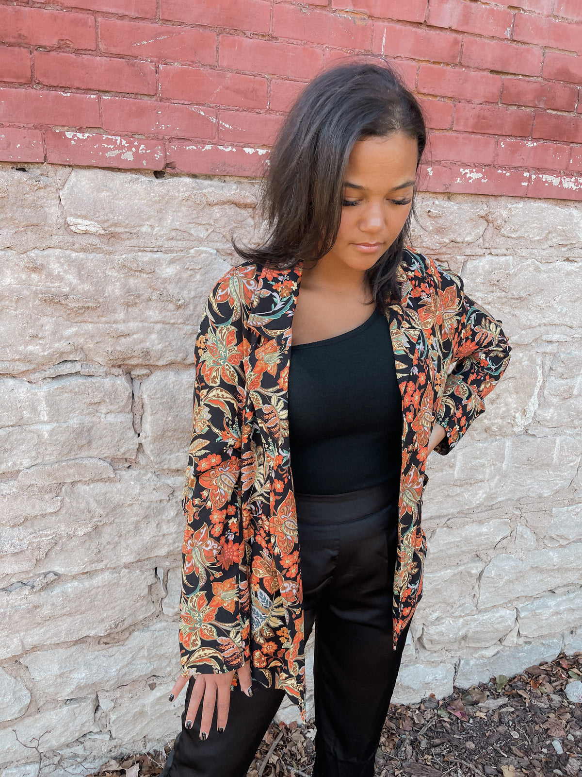 Floral Print Blazer with Waist Tie