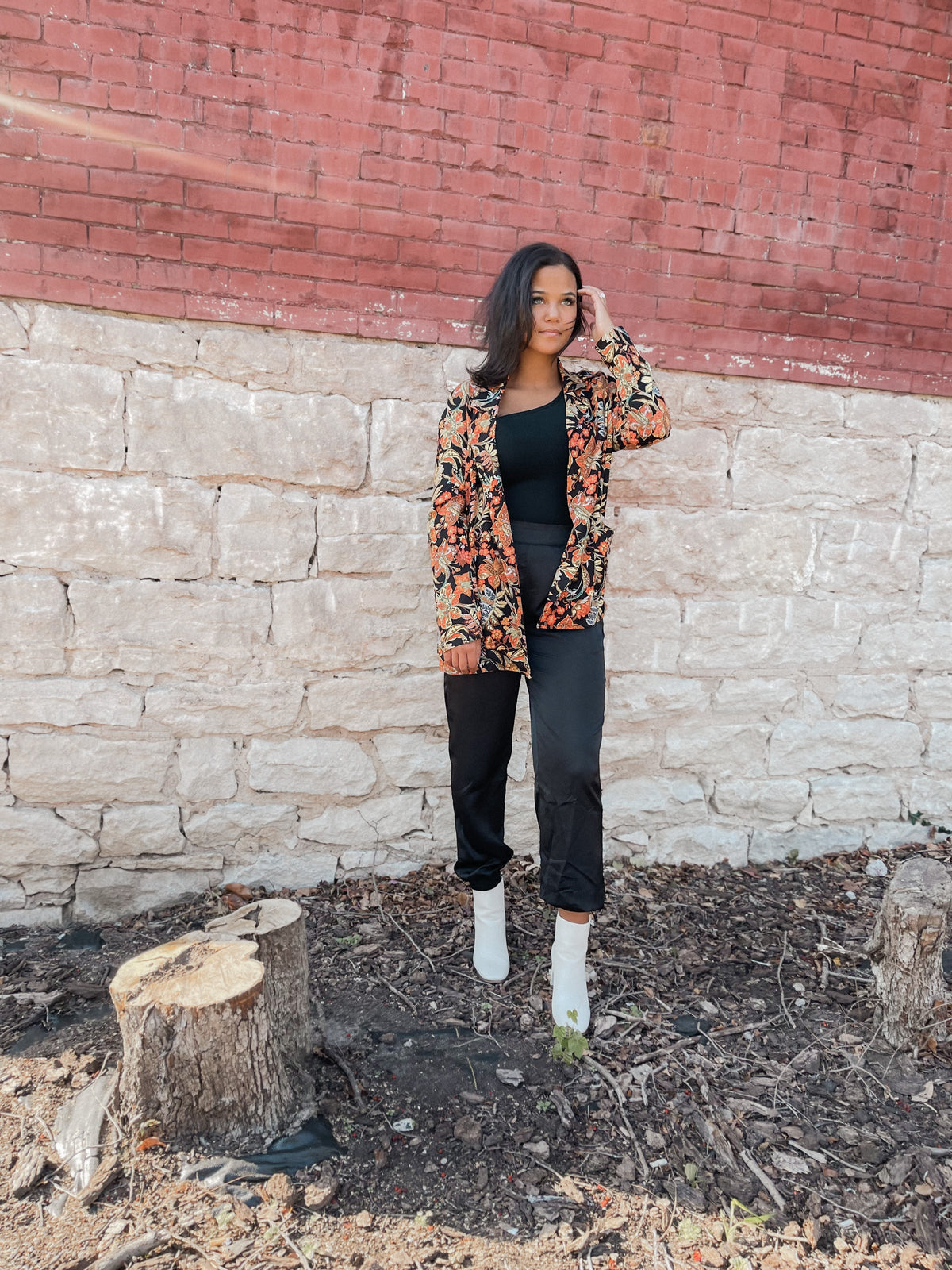 Floral Print Blazer with Waist Tie