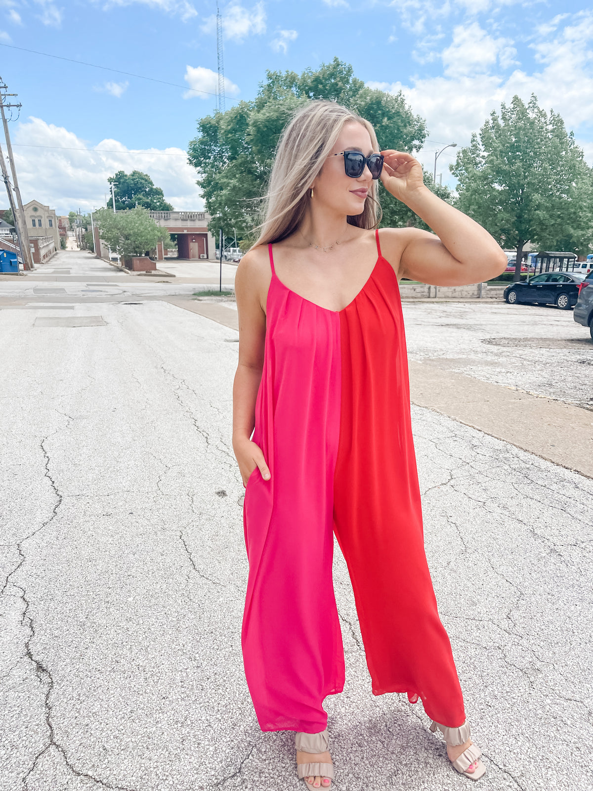 Red & Pink Chiffon Jumpsuit
